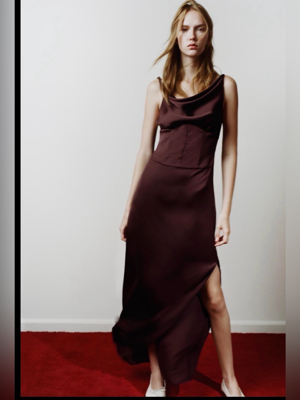 🔥🔥Zara Satin Cowl-Neck Slip Dress in Deep Brown